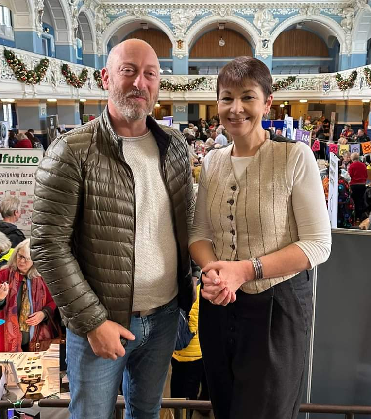 Caroline Lucas MP with Arron Baker, Green Party candidate for Kingham, Rollright and Enstone