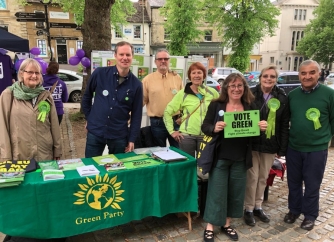 Volunteers at the West Oxon Green Party Stall in Witney, Rae Cather, Andrew Prosser, Barry Wheatley, Liz Reason, Elise Benjamin, Sandra Simpson and Steve Mohammed